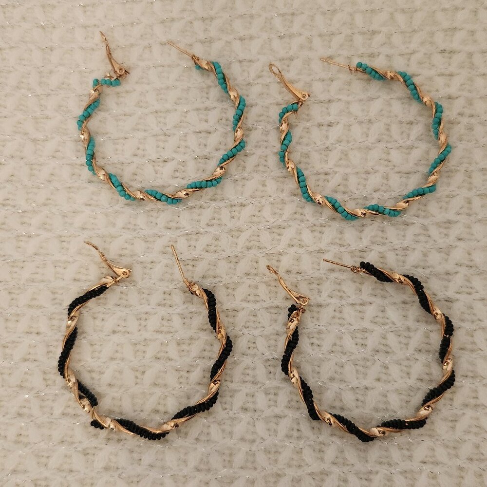 Small beads spiral twisted fashion Earrings, black and turquoise